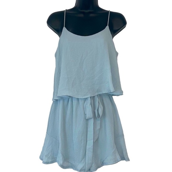 She and Sky Gauzy Layered Baby Blue One Piece Romper Shorts Tie Waist Size L - Picture 2 of 9